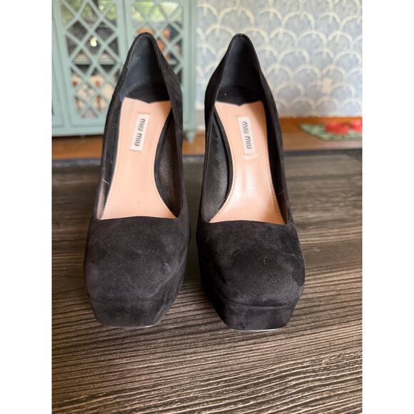 MIU MIU Suede XL Rhinestone Heeled Platforms Sz. 38.5 - Picture 10 of 10